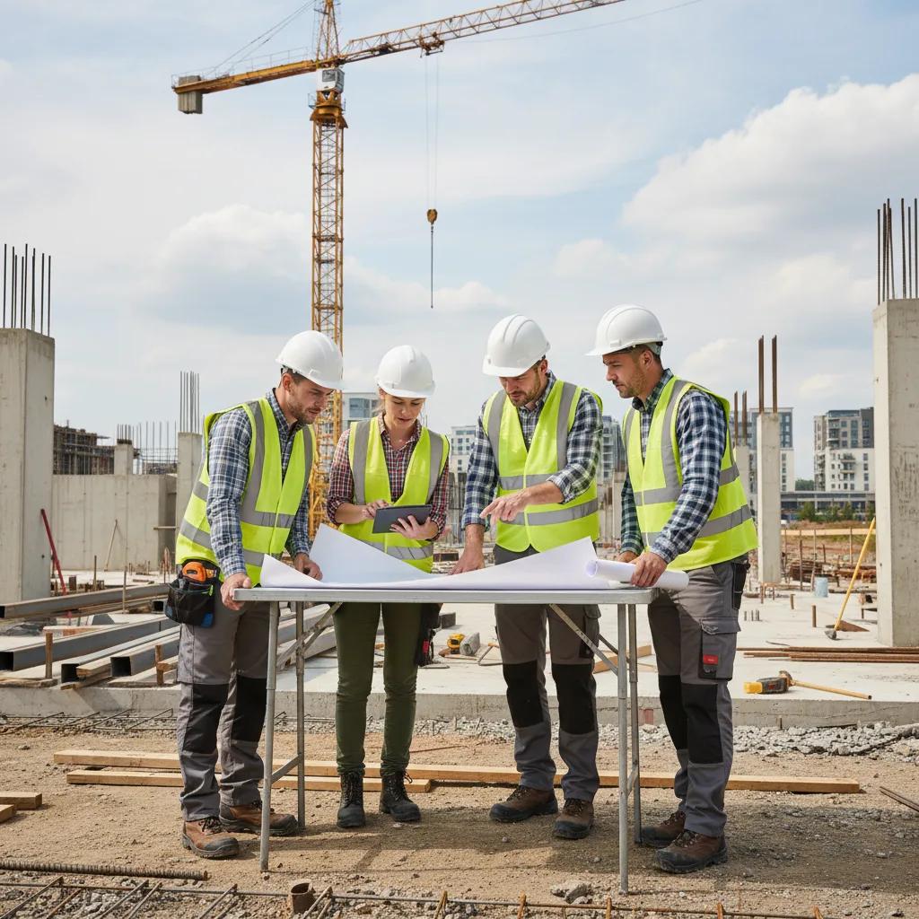 Construction team collaborating on site planning