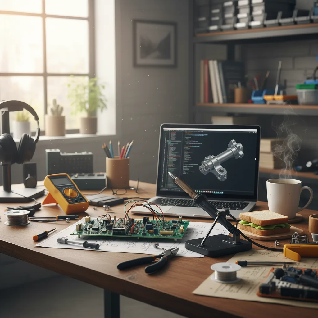 Engineering workspace with technical drawings