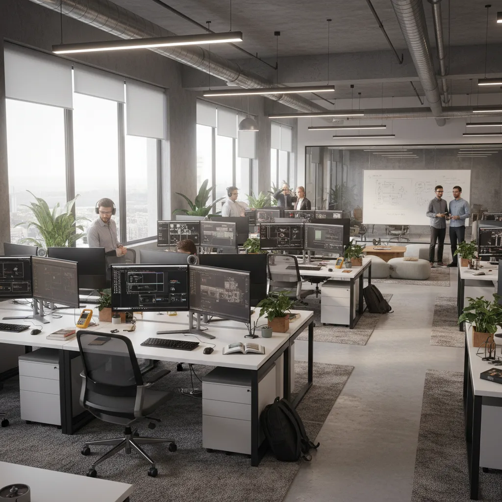 Modern engineering office interiors showing technical desks