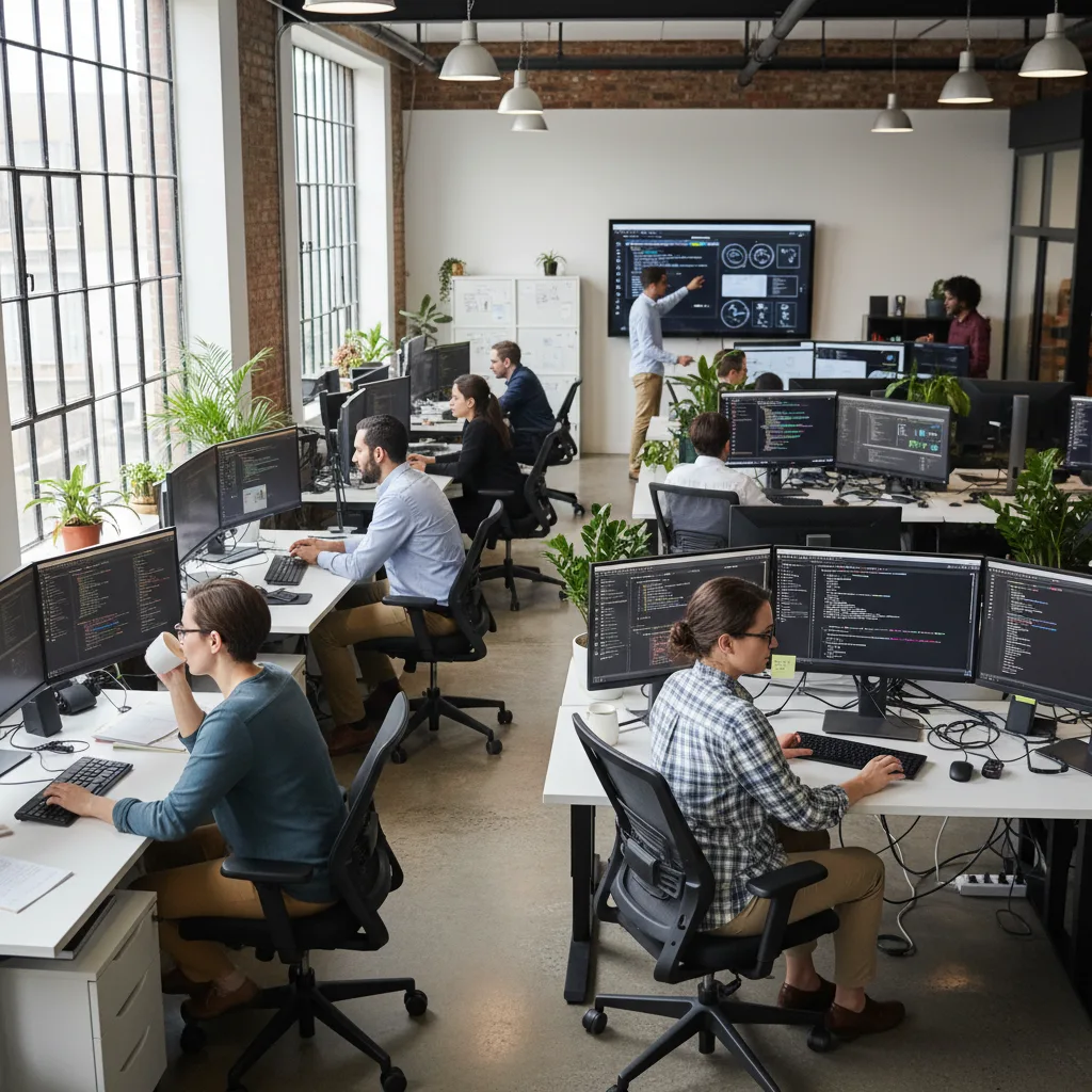 Engineering staff working at computer monitors