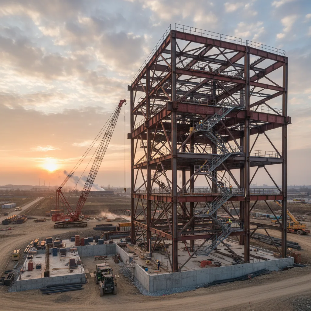 Industrial steel construction site with tower cranes and framework