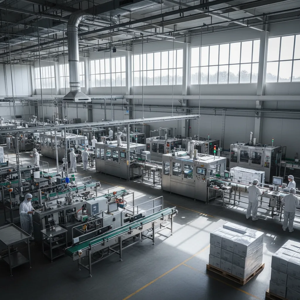 Industrial production facility with machinery and workspaces
