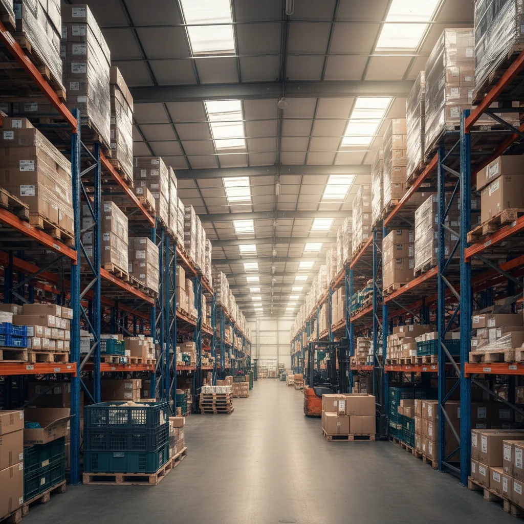Warehouse building with high rack shelving